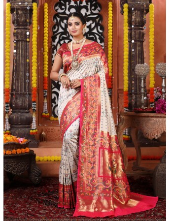 White coloured with Red Border Woven Patola Saree